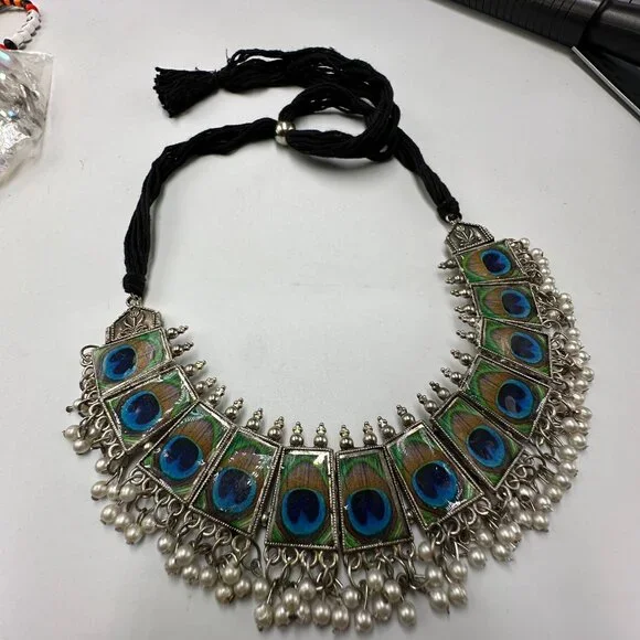 3/$30 Peacock Statement Necklace Silver Adjustable Fabric Cord Beaded Jewelry - Picture 5 of 11